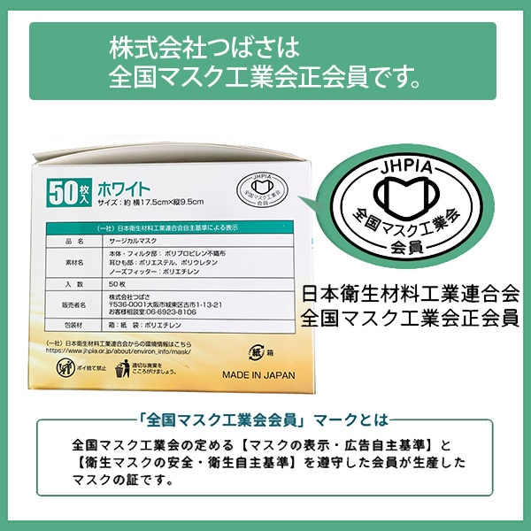 3層式 サージカルマスク 日本製 ホホバオイル配合 100枚 (50枚入×2箱) ホワイト 3層構造 医療用 PFE/BFE/VFE 99％ つばさ