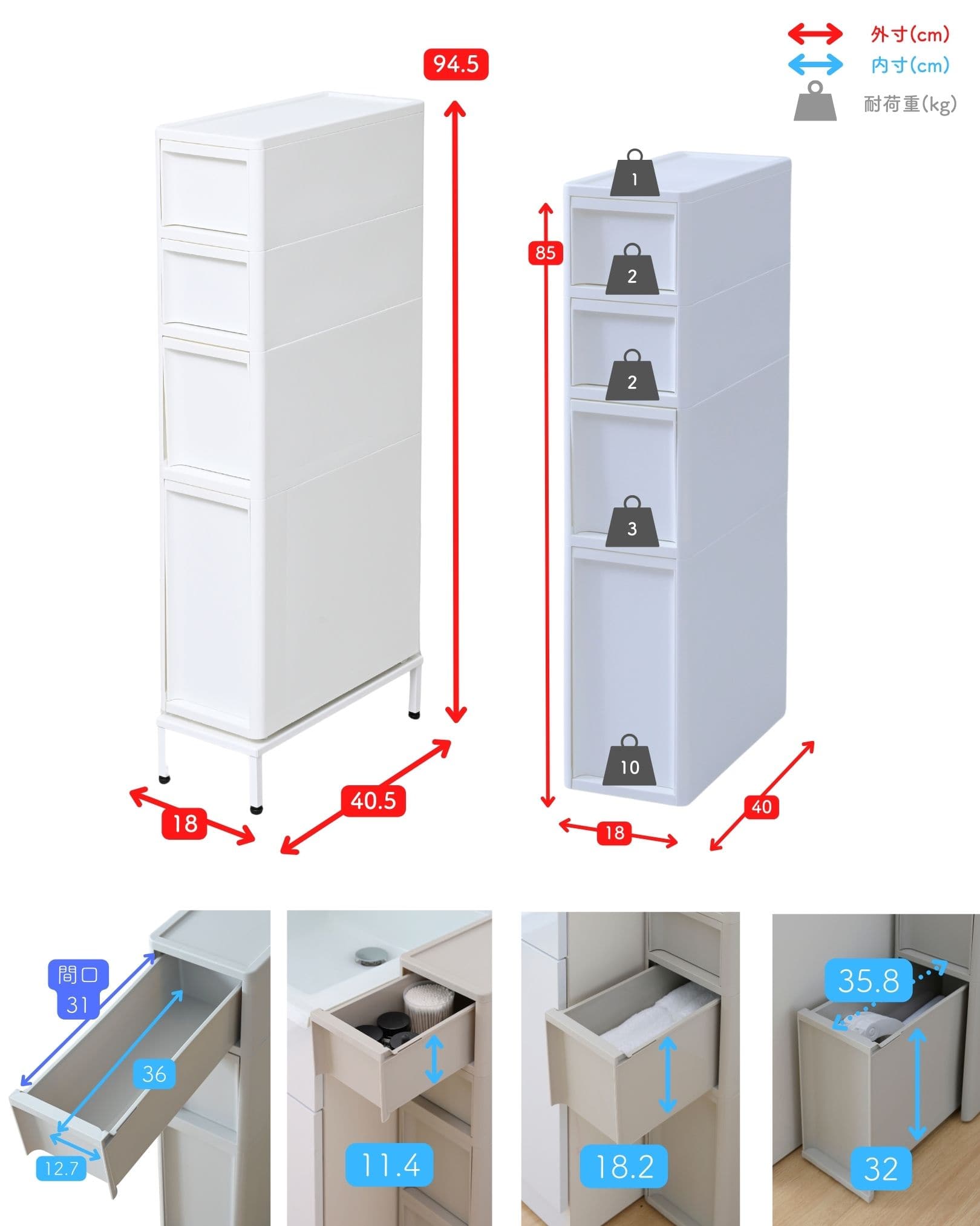 段差をまたげる 隙間ストッカー 隙間収納 引出し 4段 専用脚セット 幅18.4cm LI-S2M1L1WHWH+YA810102 日本製