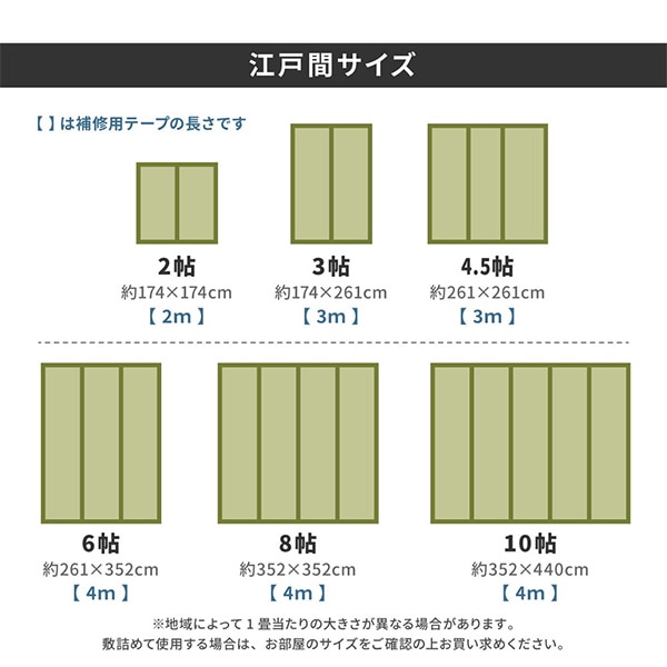 ハサミで切って使える い草 カーペット 江戸間 補修テープ付きフリーカット 裏付き 6畳 約261×352cm ラグ 上敷き はっ水加工 防カビ みすず 萩原