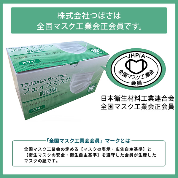 マスク 3層式 個包装 サージカルフェイスマスク フリーサイズ 100枚 (50枚×2箱) つばさ