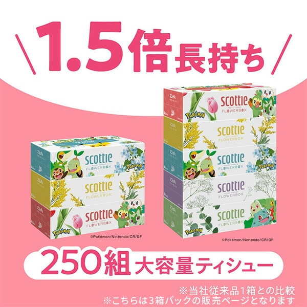 【在庫限り／ポケモン仕様】 スコッティ ティッシュペーパー フラワーボックス 500枚(250組) ポケモン 3箱×18パック(54箱) 41347 日本製紙クレシア