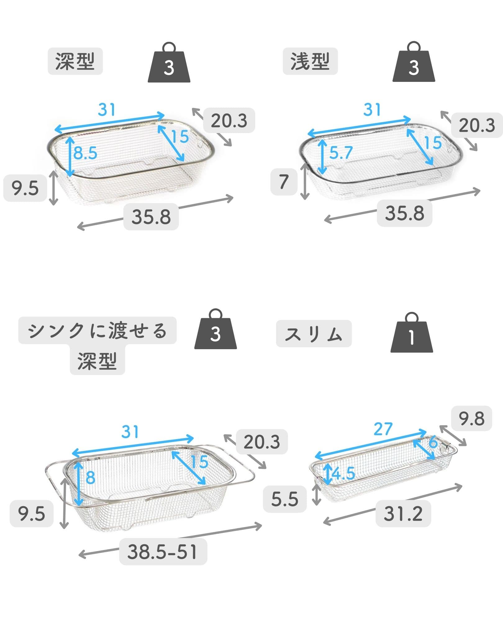 水切りかご 食洗機対応 ステンレス 深型/浅型/シンク渡し/スリム ビーワーススタイル