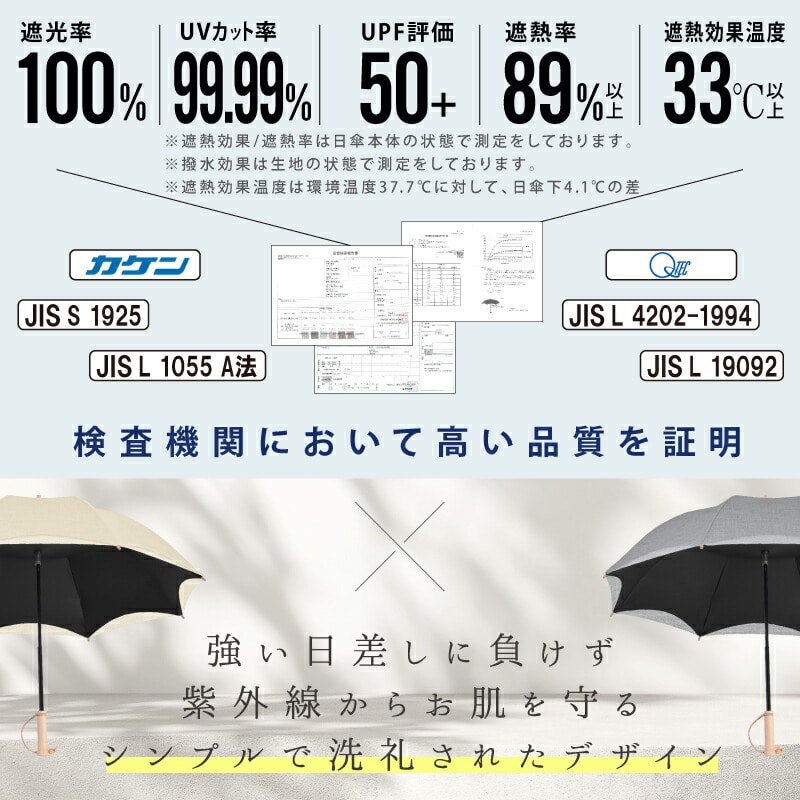 日傘 遮光100％ かわず張り長傘 耐風 撥水 天然木 軽量 直径84cm 8本骨 無地 ストライプ 大河商事 TAIGASHOJI