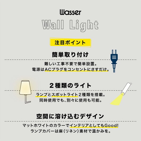 ウォールライト 2WAY(ランプ/スポットライト) LED 壁掛け E12 wasser89 ホワイト 大河商事 TAIGASHOJI