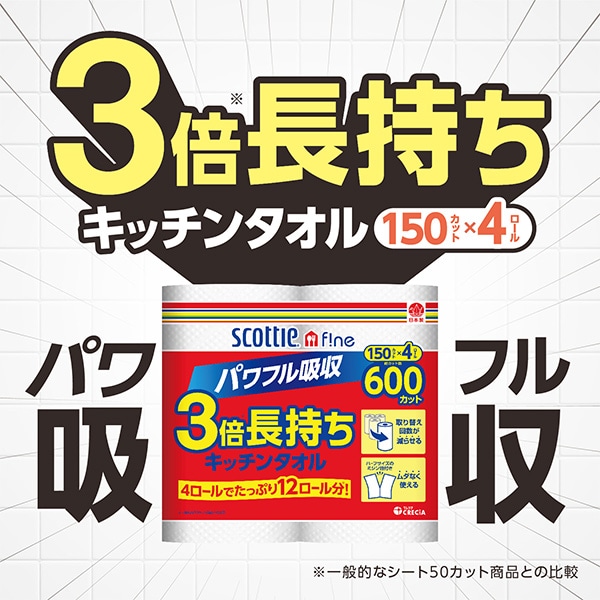 スコッティファイン 3倍長持ち キッチンタオル 150カット 4ロール×12パック(48ロール) 日本製紙クレシア