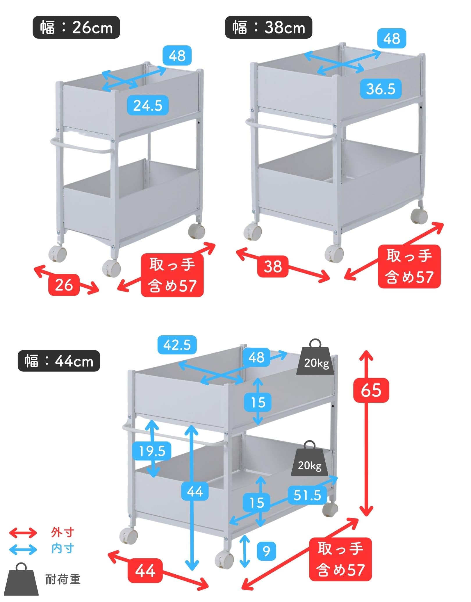 【10％オフクーポン対象】頑丈 収納ラック キャスター付き (奥行57 高さ64.5 幅26/38/44cm) OPR-5726/5738/5744 1段耐荷重20kg 山善 YAMAZEN