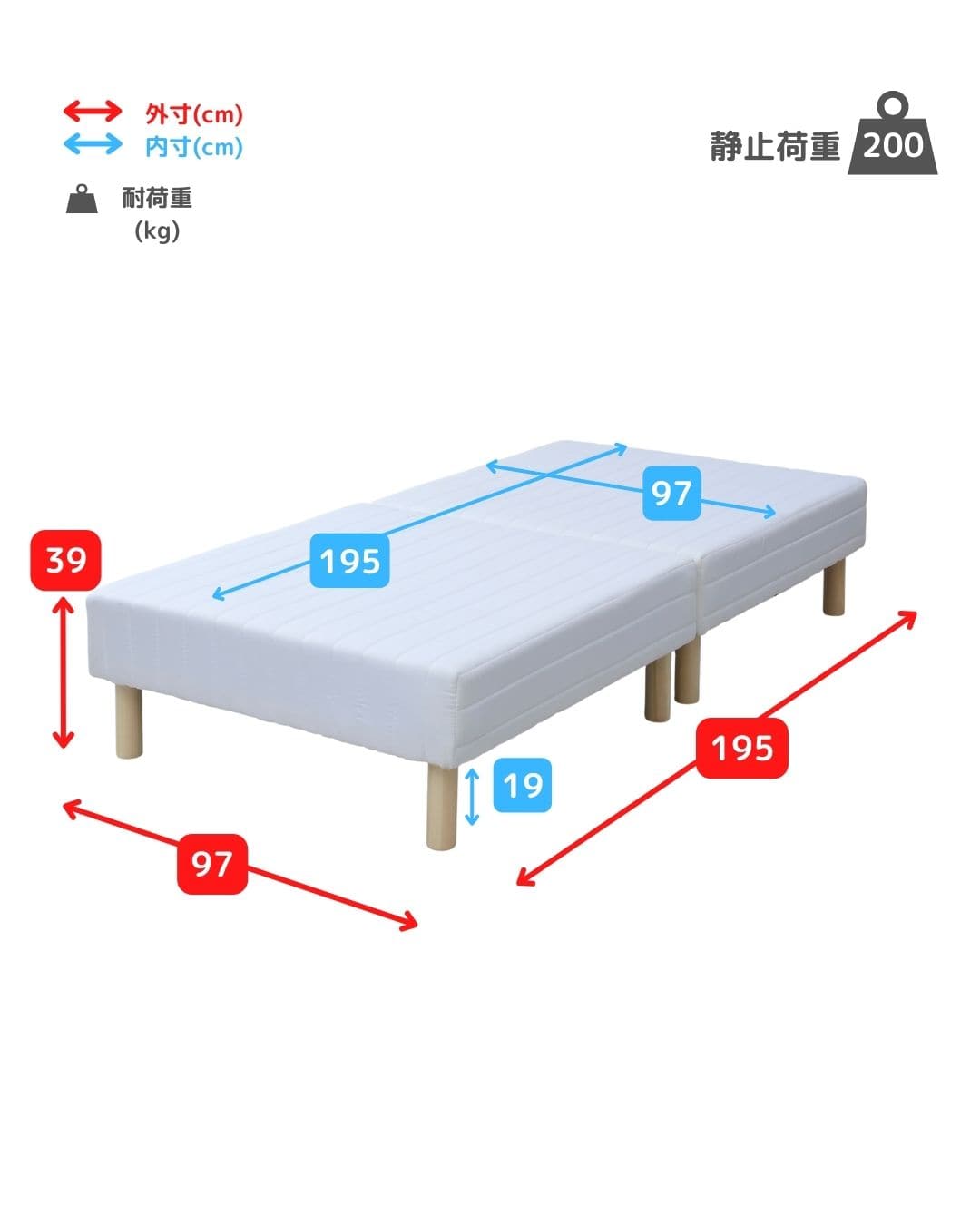 【10％オフクーポン対象】脚付きマットレス 分割 脚高19cm 幅97 奥行195 高さ39cm シングル コイルスプリング SAM2-97195B 山善 YAMAZEN