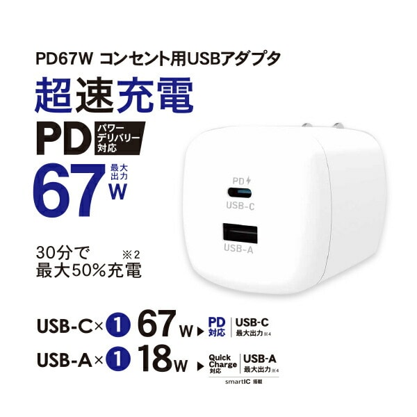 【10％オフクーポン対象】コンセント用USBアダプタ PD67W SACP67-WT/BK/PU トップランド TOPLAND