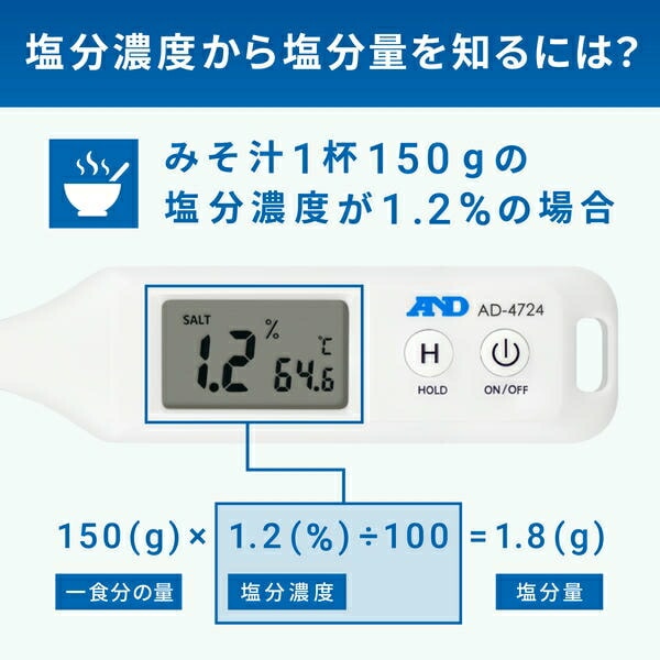 防水形家庭用塩分計 液体温度計 AD-4724 ホワイト エー・アンド・デイ A＆D