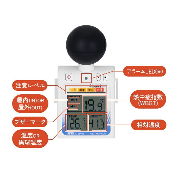 みはりん坊プロ 黒球付き熱中症指数計 熱中症指数モニター AD-5698B ホワイト エー・アンド・デイ A＆D