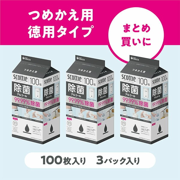 【10％オフクーポン対象】スコッティ ウェットティッシュ つめかえ用 除菌 アルコール (100枚×3コ)×8パック 77137 日本製紙クレシア