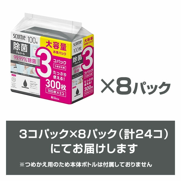 【10％オフクーポン対象】スコッティ ウェットティッシュ つめかえ用 除菌 アルコール (100枚×3コ)×8パック 77137 日本製紙クレシア