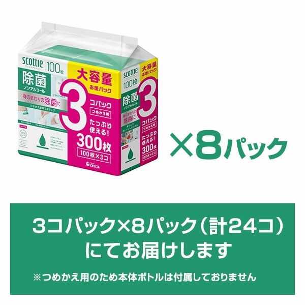 スコッティ ウェットティッシュ つめかえ用 除菌 ノンアルコール (100枚×3コ)×8パック 77153 日本製紙クレシア
