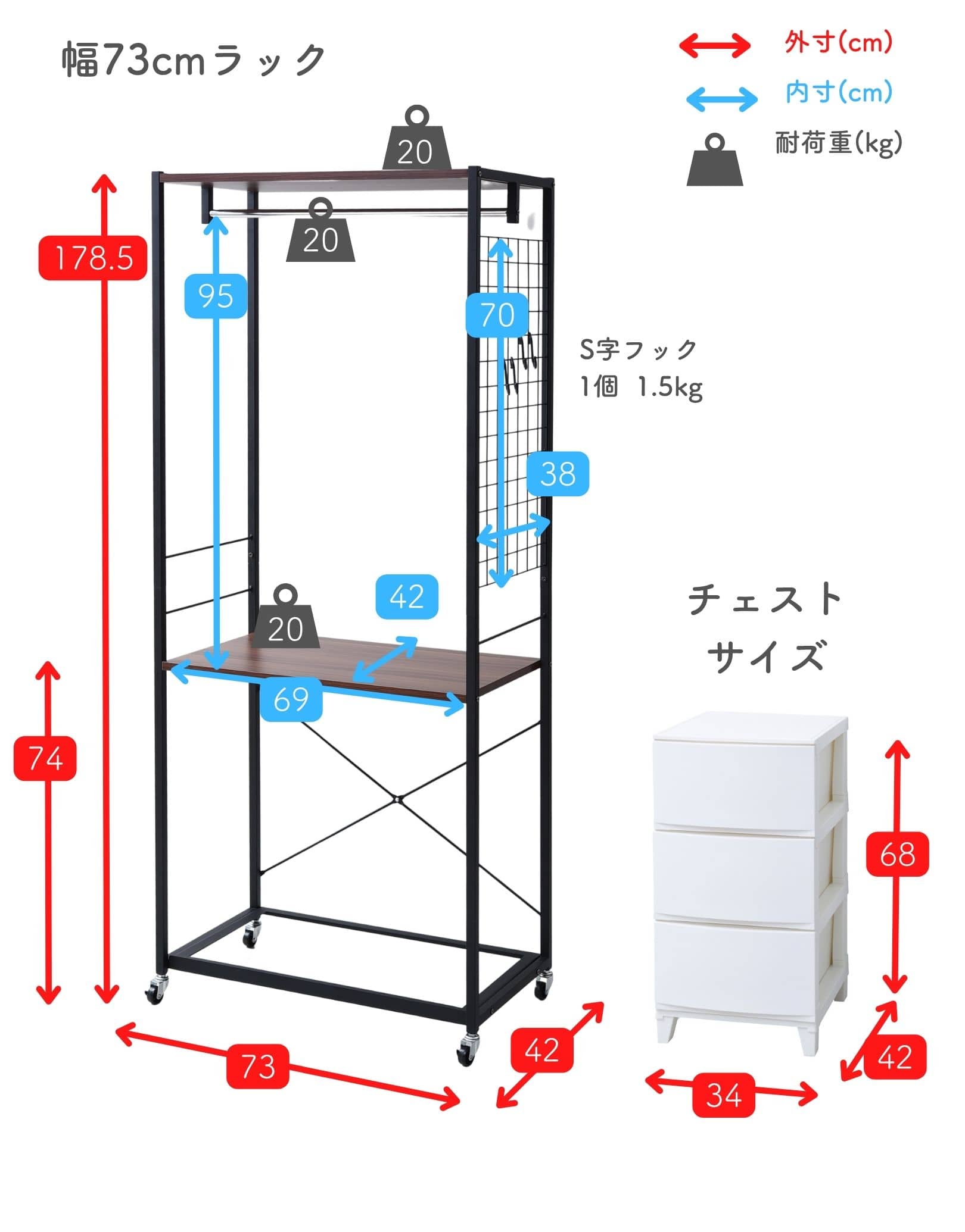 ハンガーラック チェスト 上置き用 棚付き 幅73/59 奥行42 高さ178.5cm ルームス 3段 キャスター付き 山善 YAMAZEN
