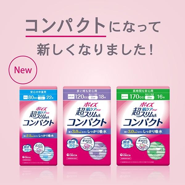 ポイズ 肌ケアパッド 超スリム＆コンパクト 多い時も安心用 (吸水量目安120cc)18枚×6パック(108枚) 無地ダンボール仕様 日本製紙クレシア