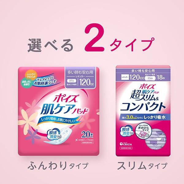 ポイズ 肌ケアパッド 超スリム＆コンパクト 多い時も安心用 (吸水量目安120cc)18枚×6パック(108枚) 無地ダンボール仕様 日本製紙クレシア