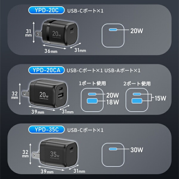 PD対応 アダプター ケーブル セット 充電器 20W/35W/48W/65W 急速充電 PSE認証 山善 YAMAZEN