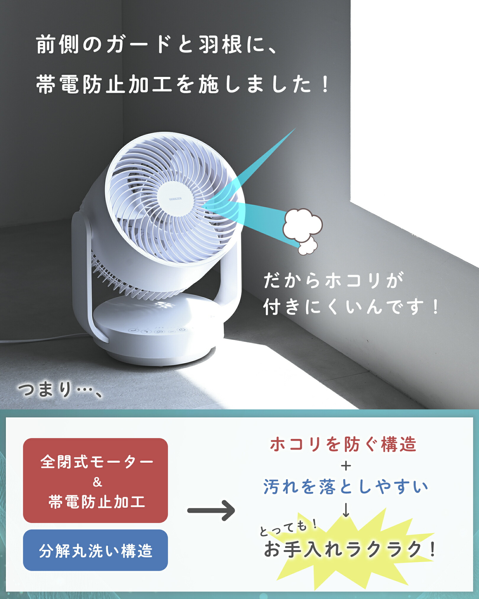 サーキュレーター dcモーター ～28畳 洗える 全分解 全閉式 上下左右首振り 帯電防止加工 YAR-RD20T(W) 山善 YAMAZEN