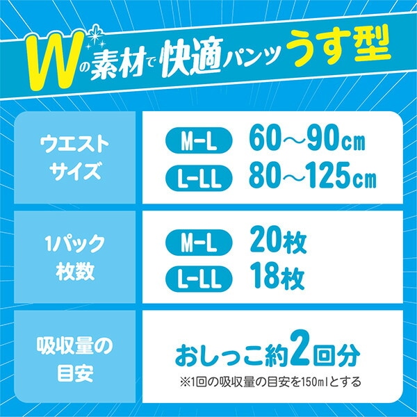 アクティ 大人用 紙おむつ Wの素材で快適パンツ うす型 2回分吸収 M-L：20枚/L-LL：18枚 89067/89069 男女兼用 日本製紙クレシア