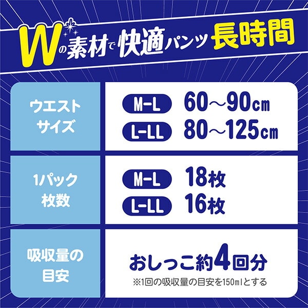 アクティ 大人用 紙おむつ Wの素材で快適パンツ 長時間 4回分吸収 M-L：18枚/L-LL：16枚 89071/89073 男女兼用 日本製紙クレシア