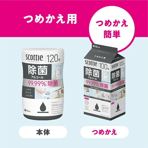 【10％オフクーポン対象】スコッティ ウェットティッシュ 除菌 アルコール つめかえ用 100枚×24パック (ケース販売) 日本製紙クレシア