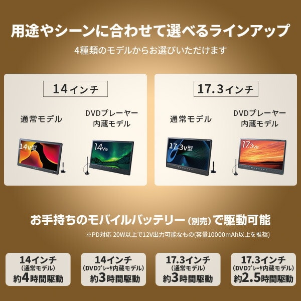 ポータブルテレビ 14/17.3インチ PTV-140C/PTV-DVD140C/PTV-173C/PTV-DVD173C 山善 YAMAZEN キュリオム Qriom