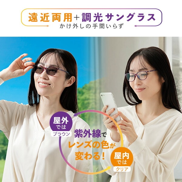 UVカット 遠近調光グラス べっ甲柄/ワイン +2.0 +3.0 +4.0 一般医療機器 メイダイ