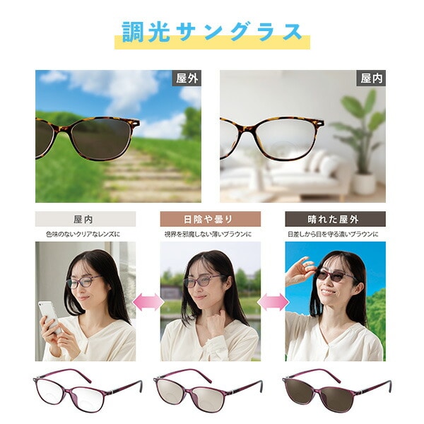 UVカット 遠近調光グラス べっ甲柄/ワイン +2.0 +3.0 +4.0 一般医療機器 メイダイ