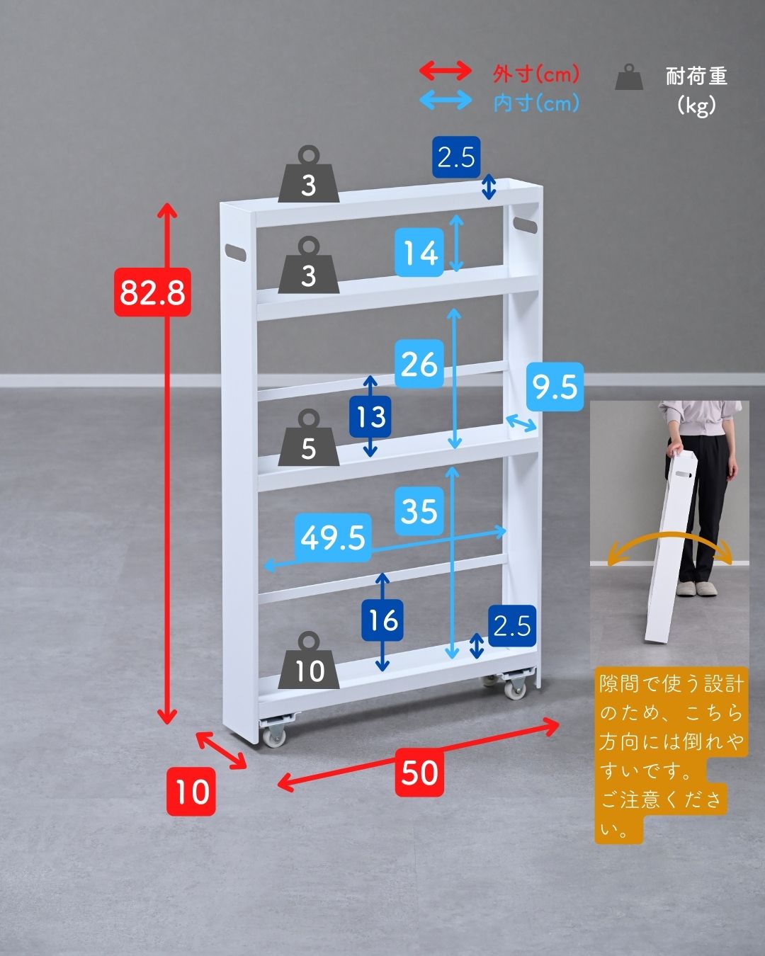 隙間収納 10cm 完成品 組み立て不要 奥深 頑丈 幅10 奥行50 高さ82.8cm 日本製 燕三条