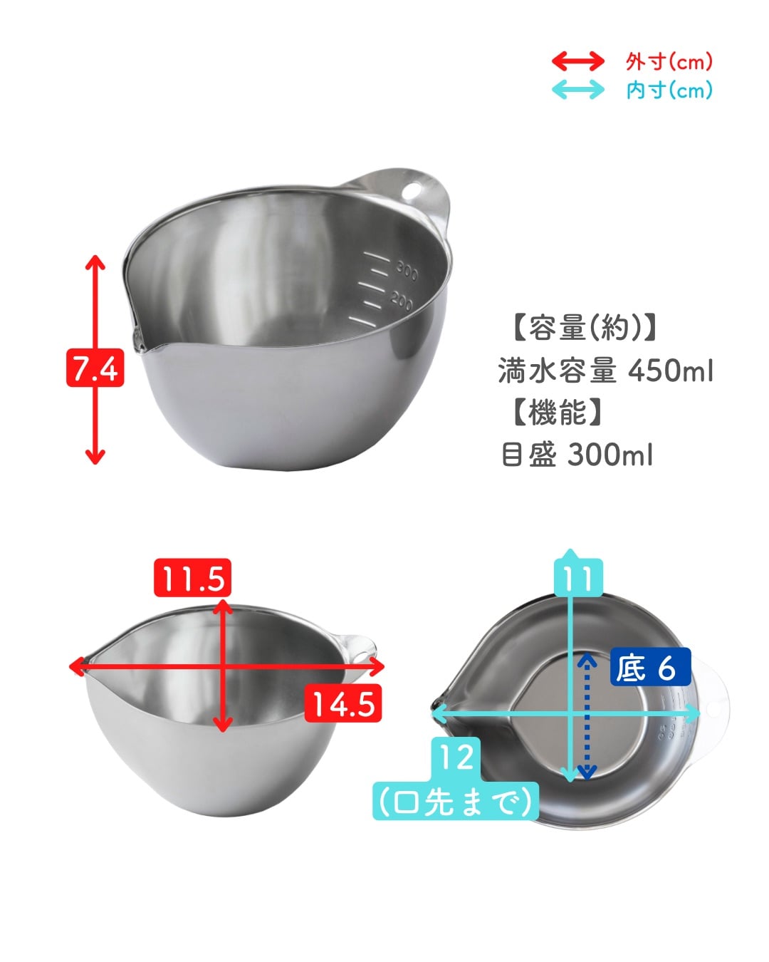 液だれしないボウル ステンレス製 片口 目盛付き 300ml 単品/2個組 日本製 燕三条 ビーワーススタイル