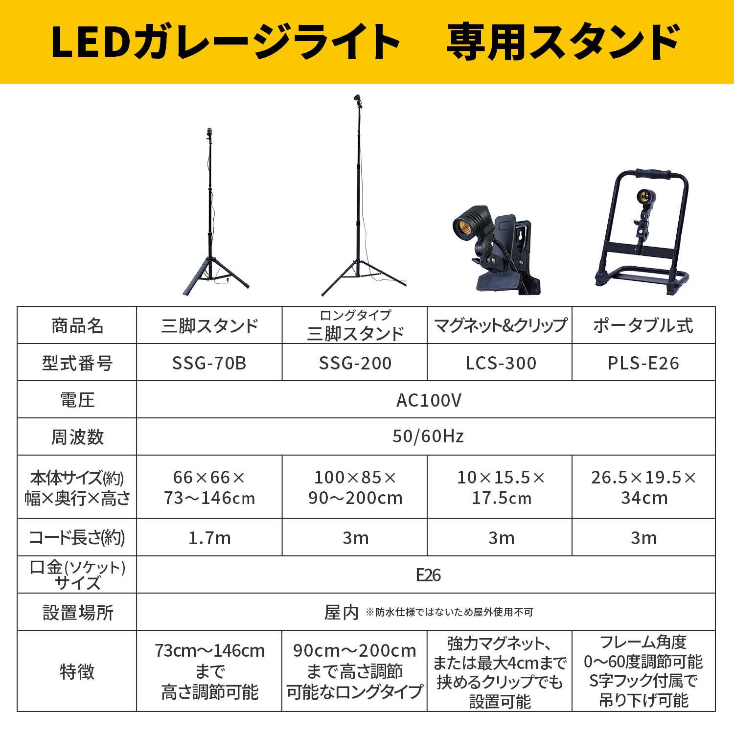 ガレージライト LED サークル型 70W 7000lm 口金E26 屋内用 三脚スタンド マグネットクリップ ポータブル 山善 YAMAZEN