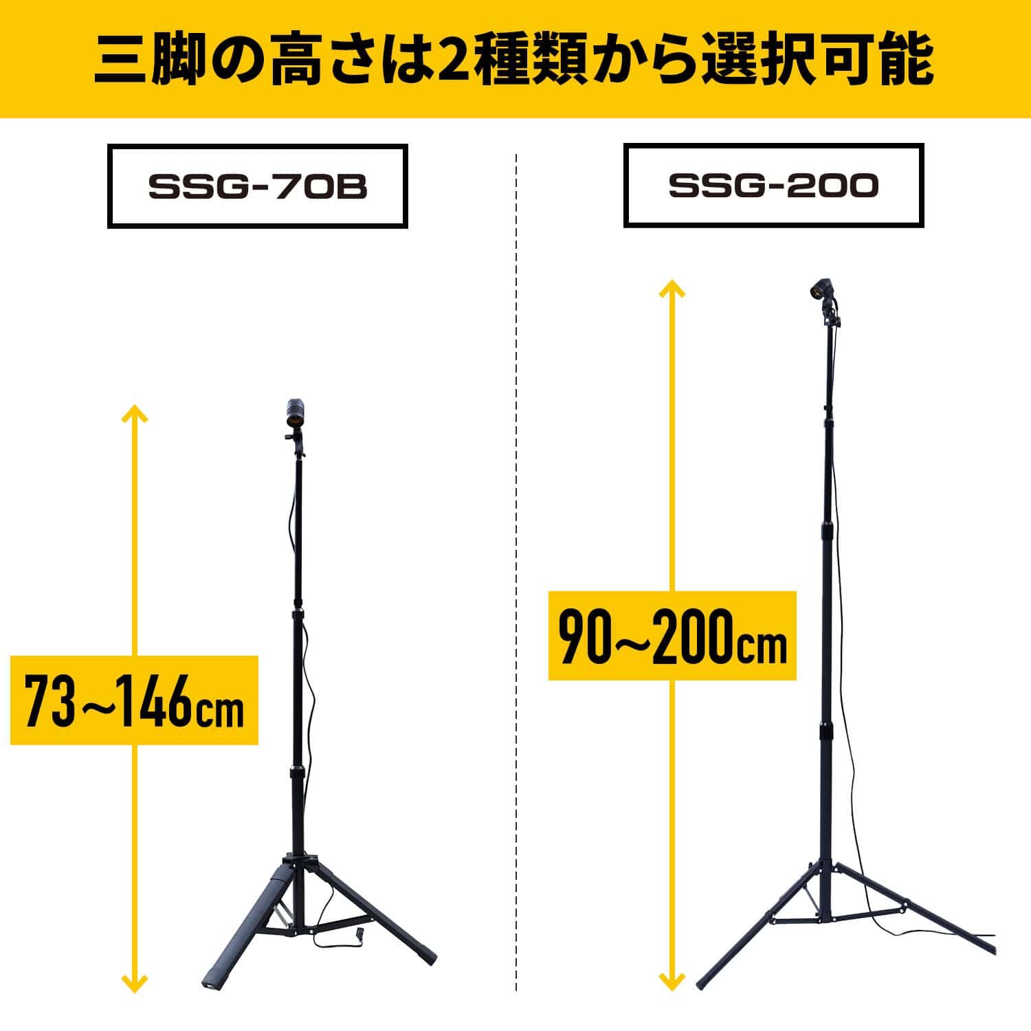 ガレージライト専用三脚スタンド (高さ73-146cm/90-200cm) 口金E26 屋内用 SSG-70B/SSG-200 山善 YAMAZEN