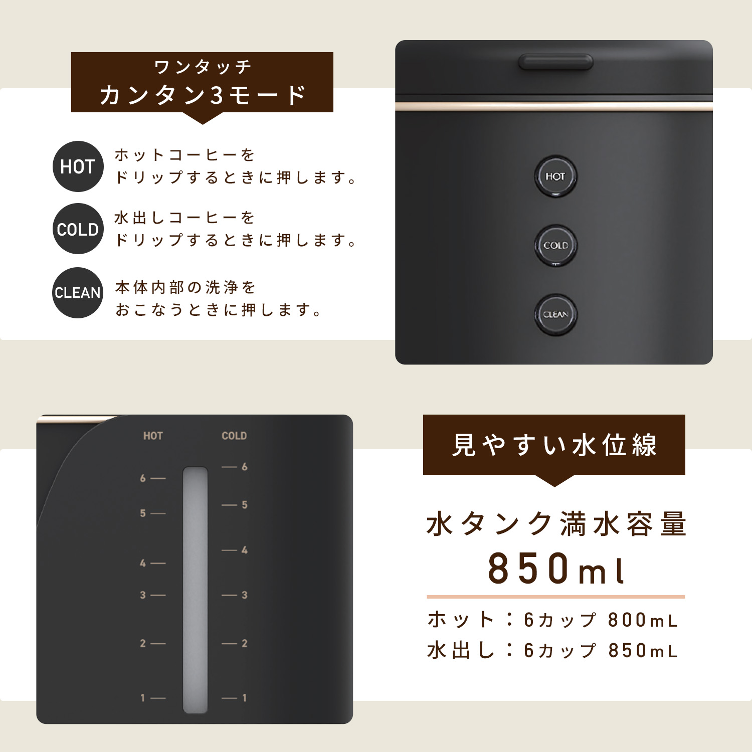ハイブリッドコーヒーメーカードリップ式 1-6杯 バリスタ監修 水出し 1杯 2.5分 850ml YCB-720(B) 山善 YAMAZEN