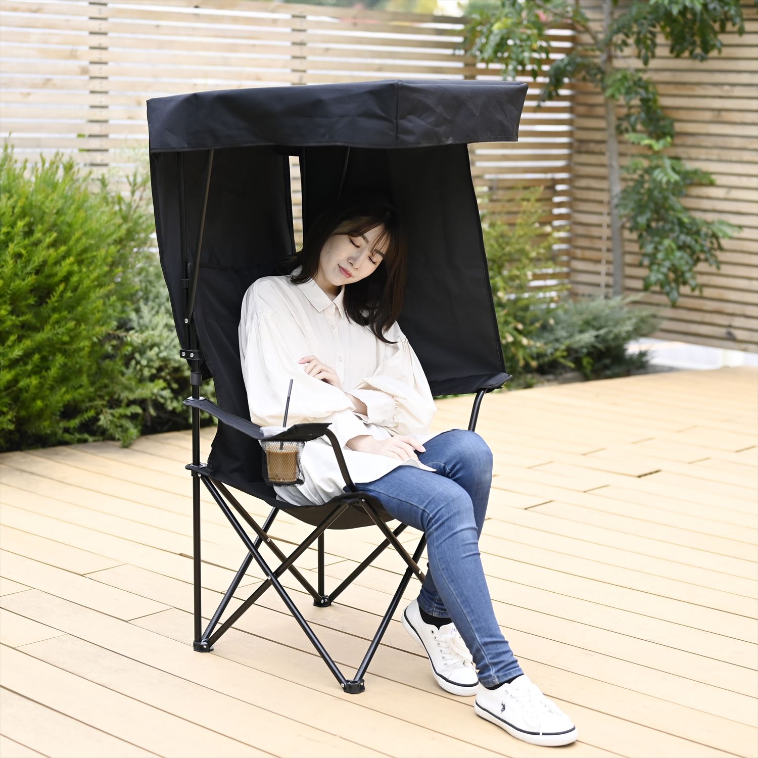 日除けシェード付き アウトドアチェア 折りたたみ SP-210(BK) 山善 YAMAZEN キャンパーズコレクション