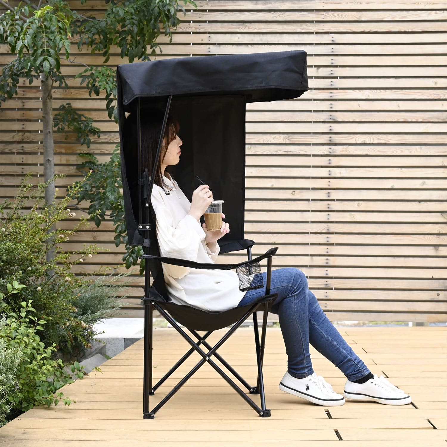 日除けシェード付き アウトドアチェア 折りたたみ SP-210(BK) 山善 YAMAZEN キャンパーズコレクション