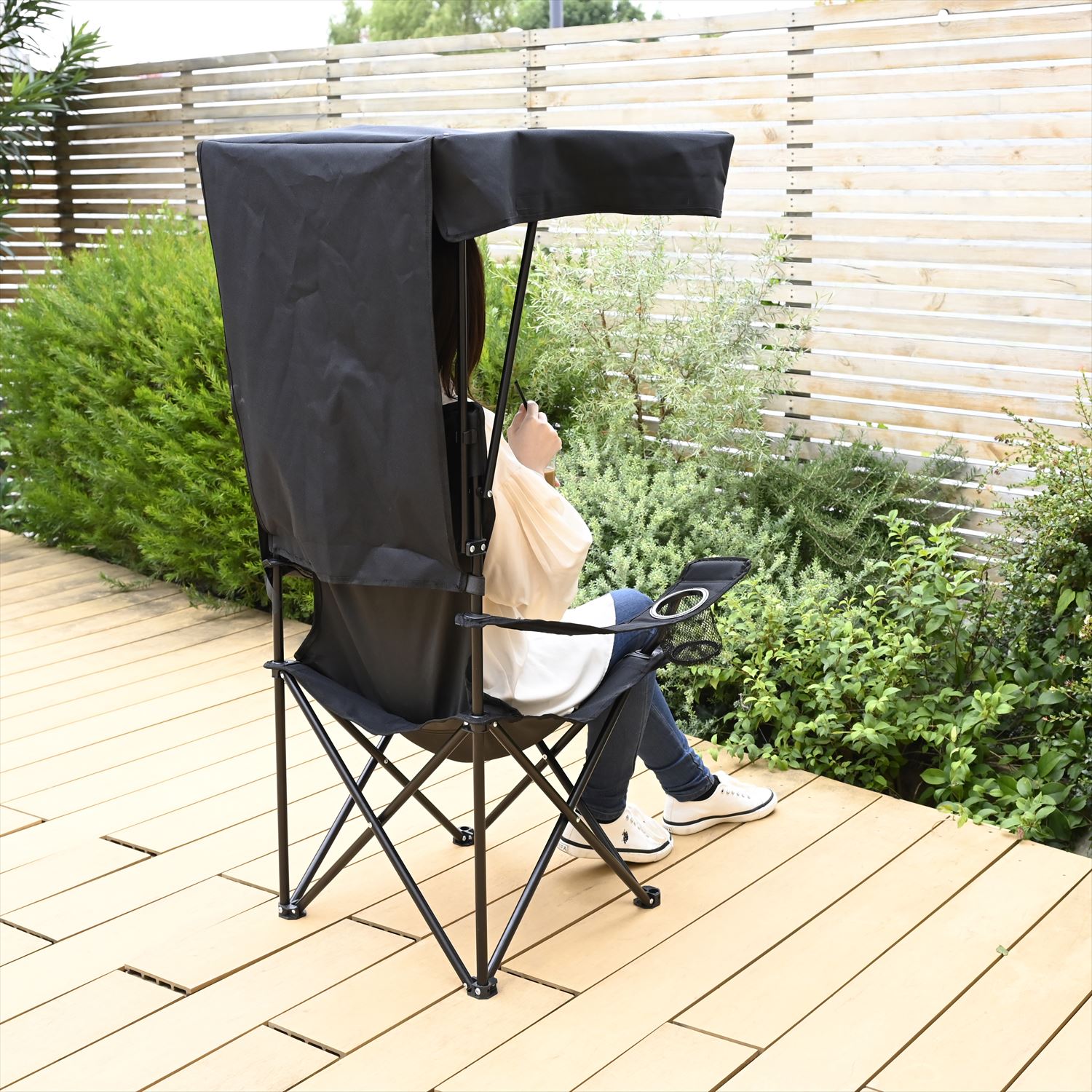 日除けシェード付き アウトドアチェア 折りたたみ SP-210(BK) 山善 YAMAZEN キャンパーズコレクション