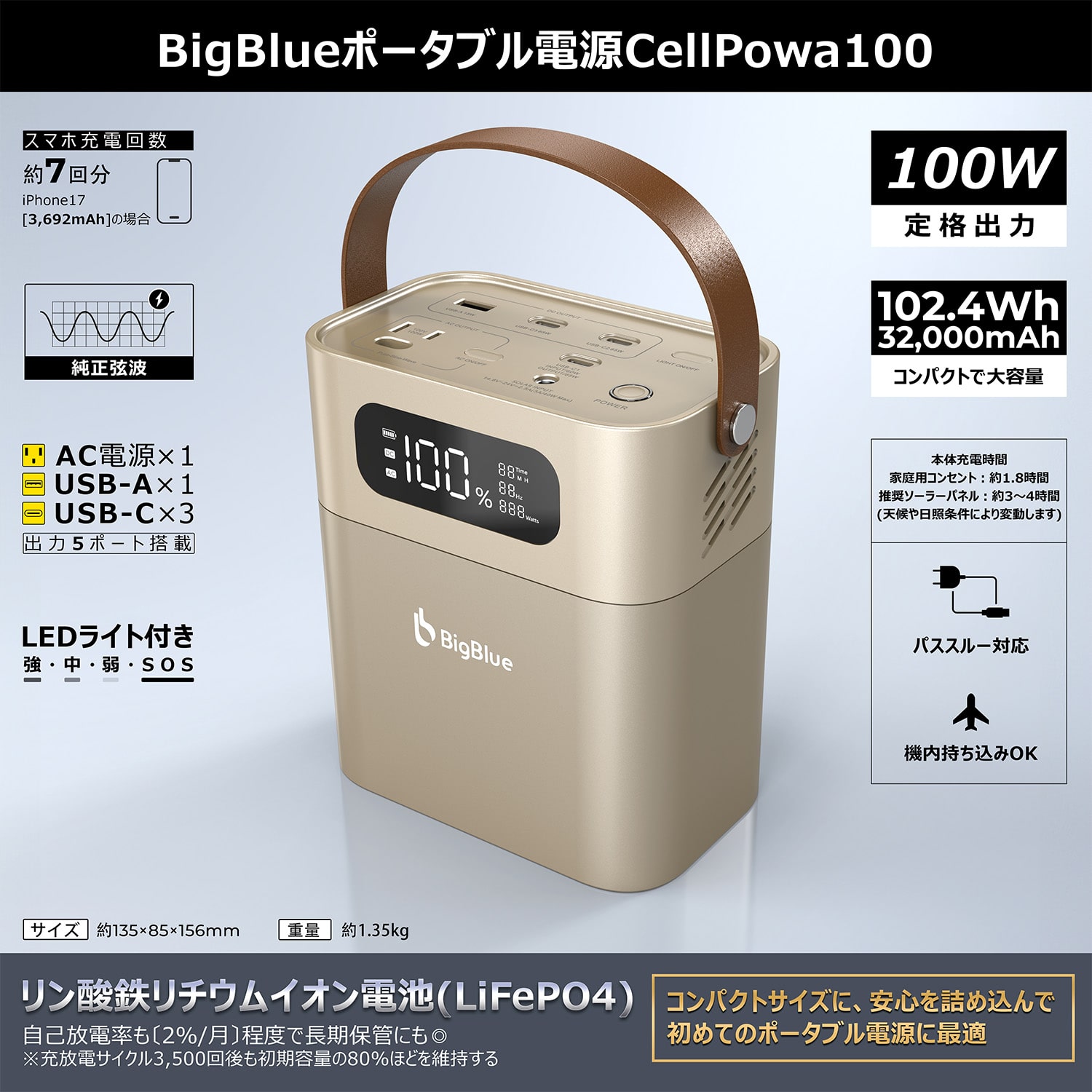 ポータブル電源 リン酸鉄 Cellpowa100 パススルー充電 機内持ち込み可 102.4Wh 32,000mAh CP100 Bigblue Tech ビッグブルーテック