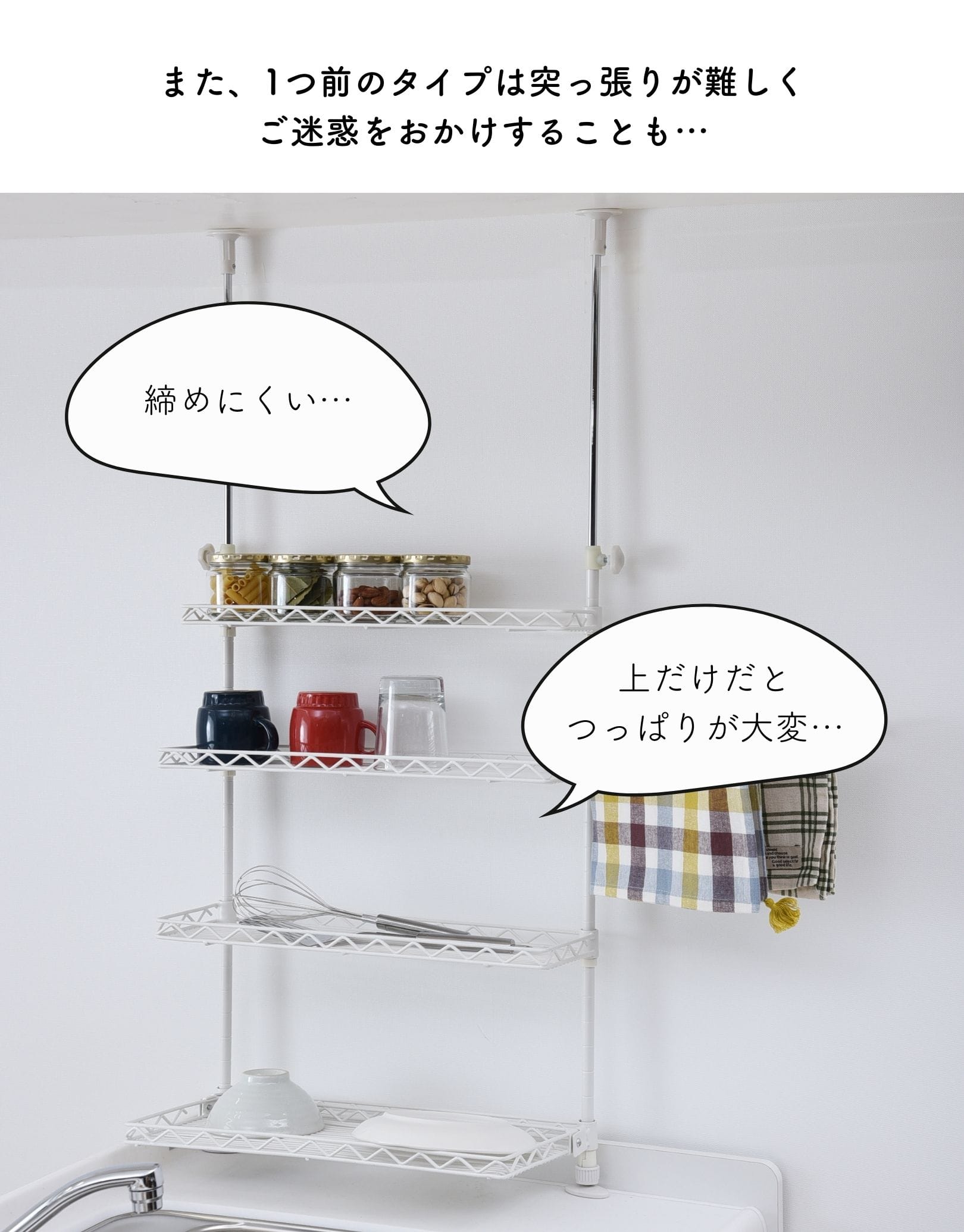 シンク上 キッチン突っ張りラック 3段 (幅30/45/60cm) TKRO-303RT/TKRO-453RT/TKRO-603RT 山善 YAMAZEN