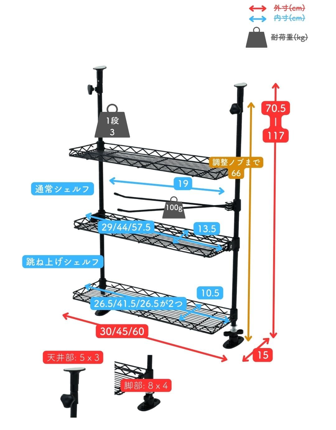 シンク上 キッチン突っ張りラック 3段 (幅30/45/60cm) TKRO-303RT/TKRO-453RT/TKRO-603RT 山善 YAMAZEN