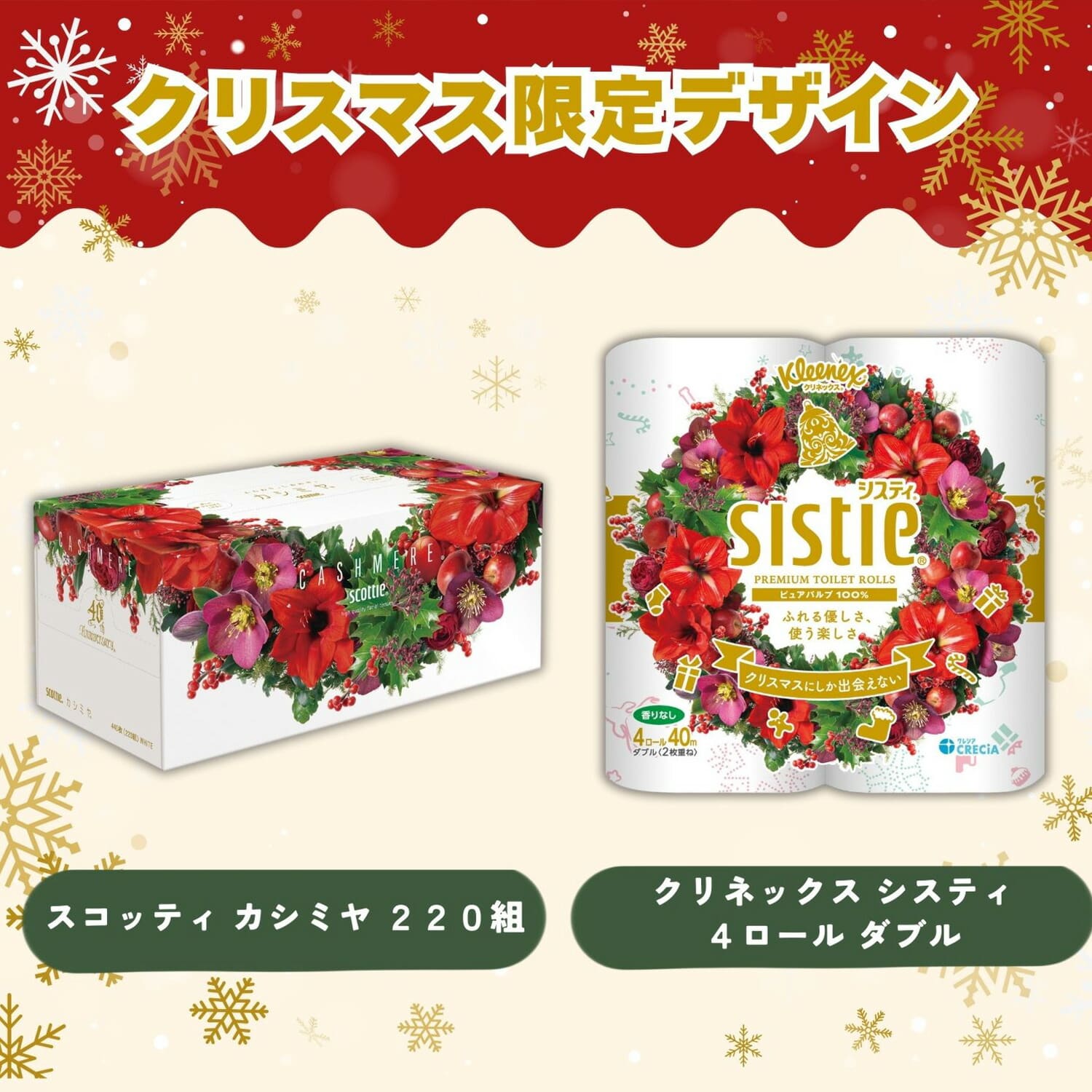 ティッシュペーパー トイレットペーパー クリスマス限定パッケージ 詰め合わせ カシミヤ×4箱 システィ×2パック 9396 日本製紙クレシア