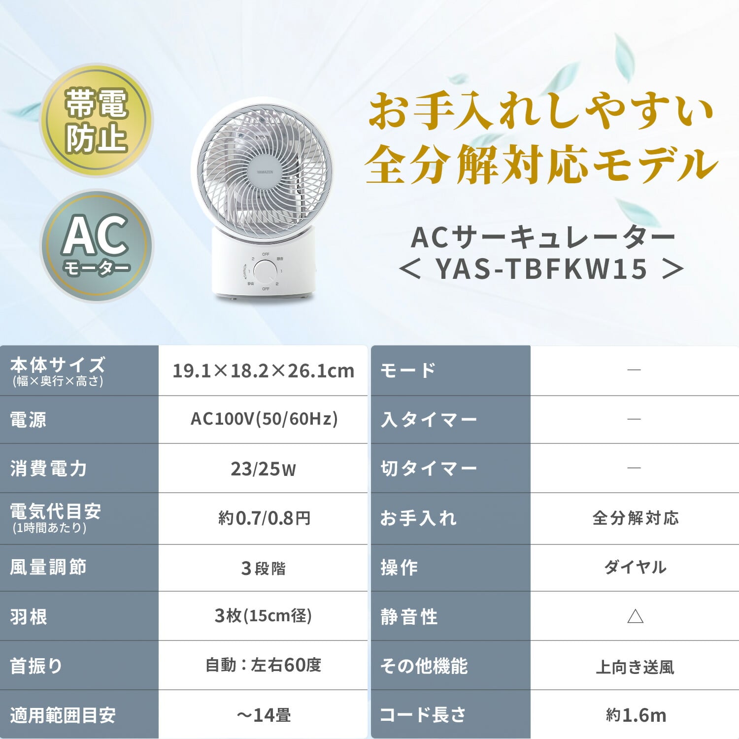 洗える サーキュレーター 全分解 左右自動首振り 風量3段階 14畳まで