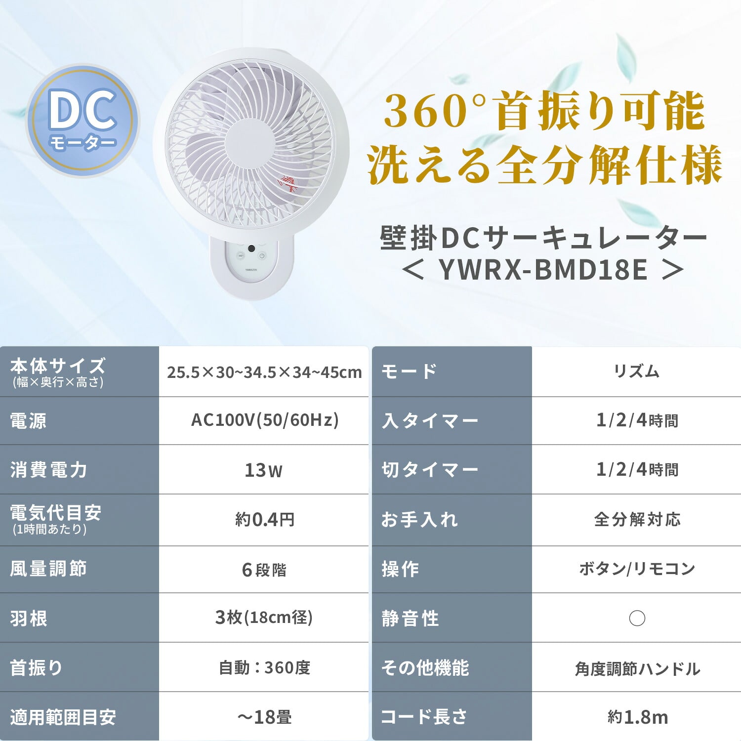 壁掛け 洗える サーキュレーター DC 360度首振り 山善 | 山善ビズコム