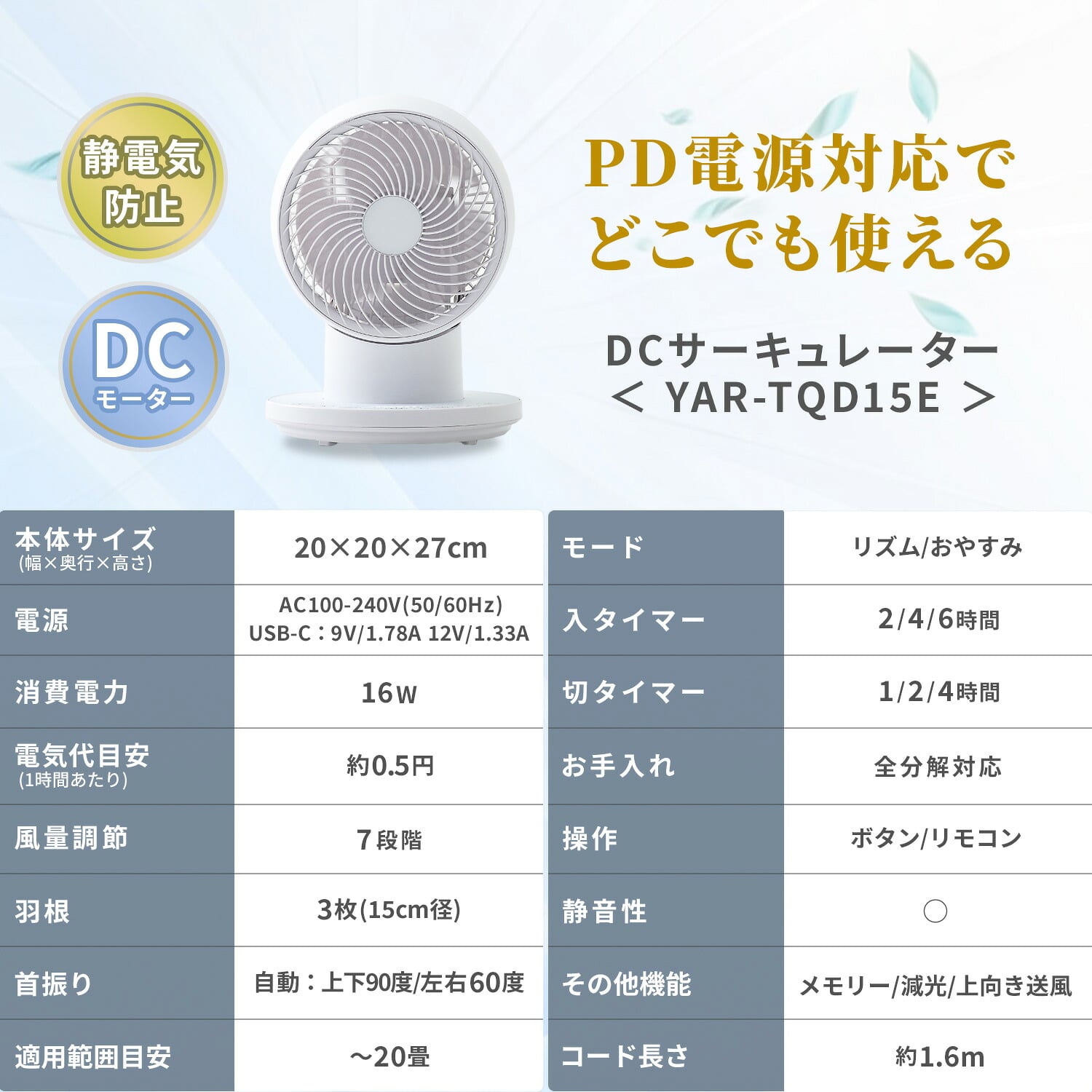 【10％オフクーポン対象】 サーキュレーター PD対応 ～20畳 上下左右首振り DCモーター 静電気防止 リモコン 風量7段階 YAR-TQD15E  山善 YAMAZEN