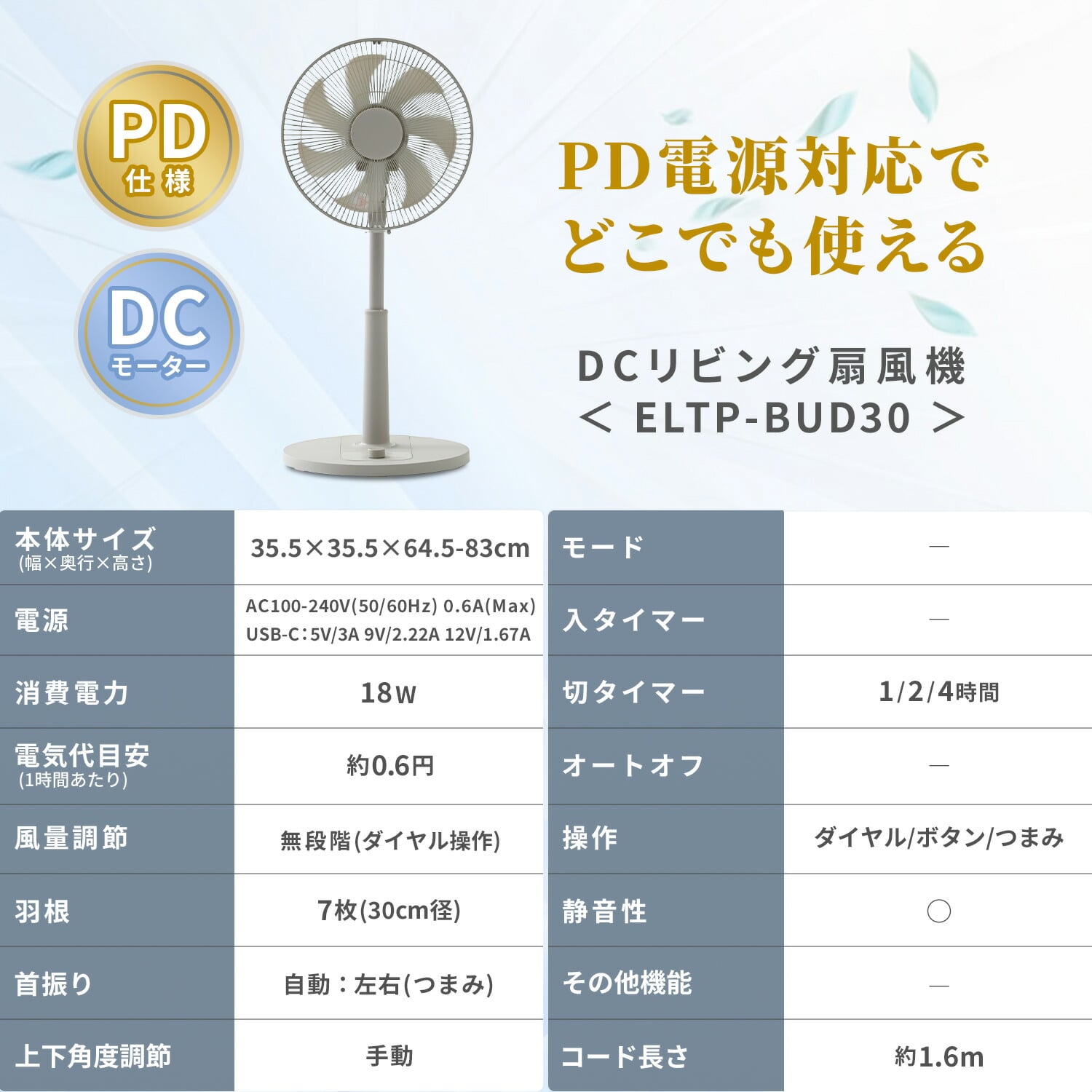 扇風機 DC 30cm PD対応 モバイルバッテリーでも動かせる 無段階風量調節 左右首振り 切タイマー ELTP-BUD30(C) 山善 YAMAZEN
