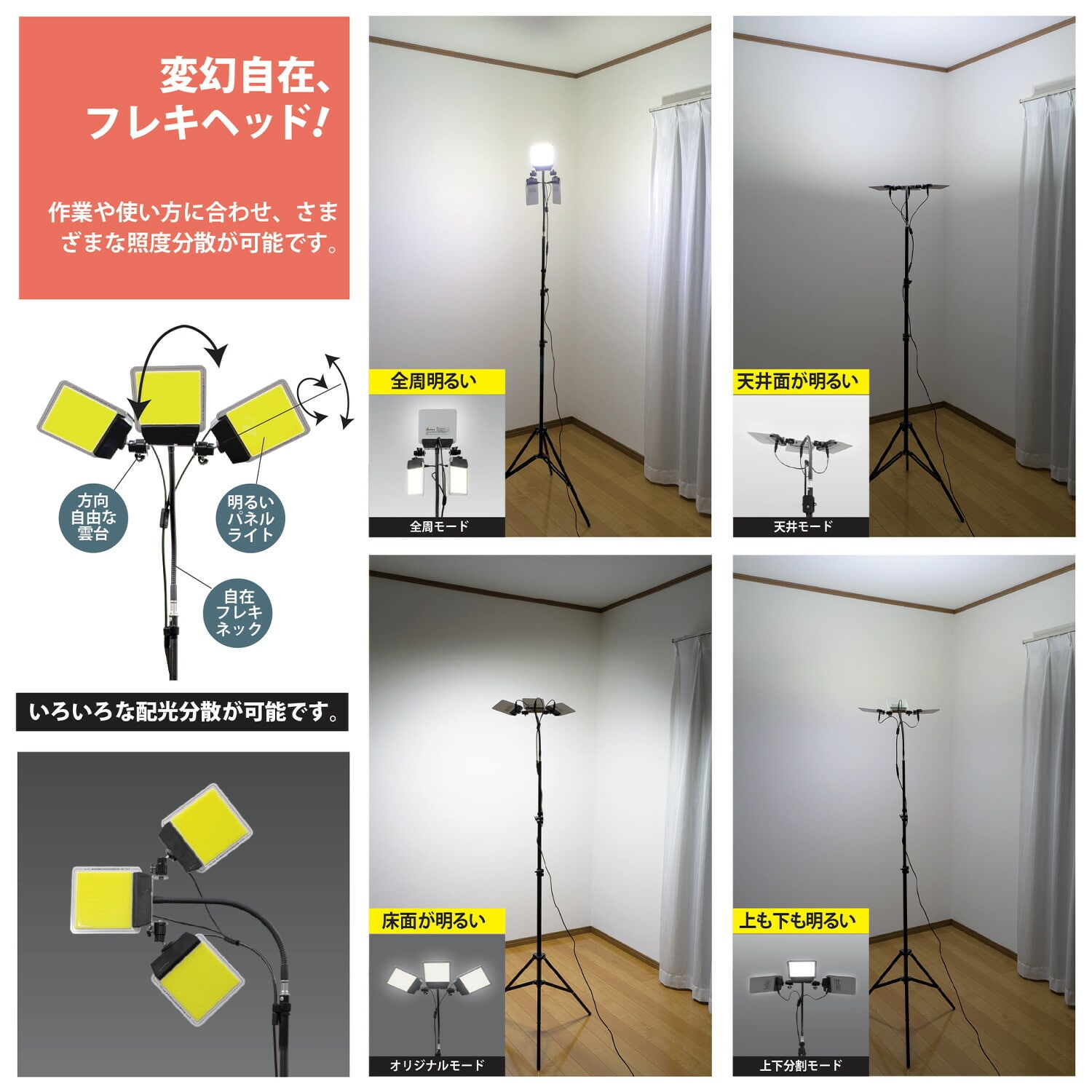 スタジアムライト 作業灯 LED 最大10000lm ダイヤル式調光 最長2.55m 収納ケース付き SLB-SK100 山善 YAMAZEN