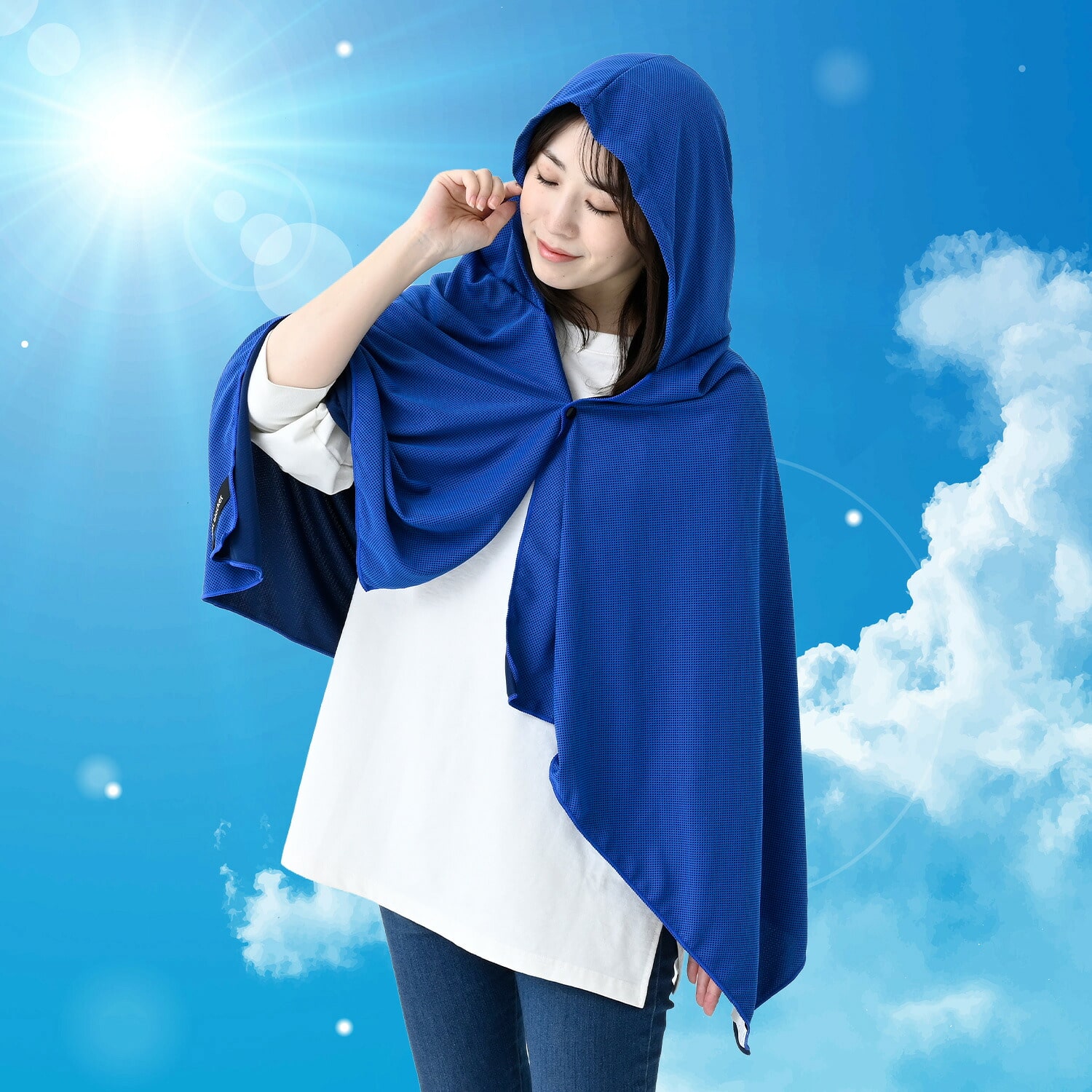 冷感ポンチョ 気化熱 水で濡らして涼感 クーリングポンチョ フリーサイズ 抗菌仕様 CCP-1(NV) 山善 YAMAZEN キャンパーズコレクション