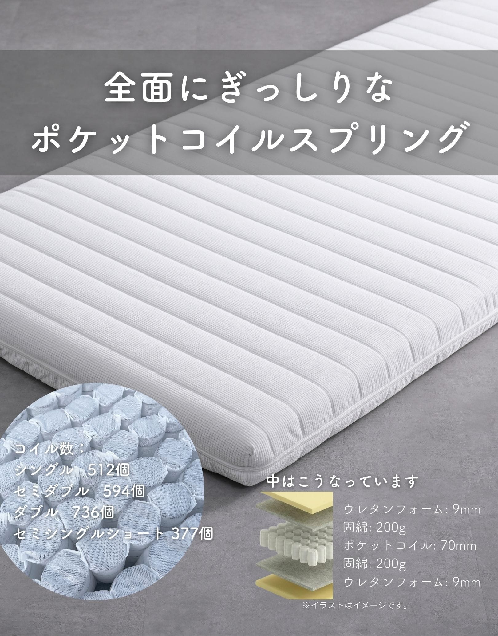 スプリングマットレス 硬め 体圧分散 ポケットコイル 厚さ9cm カバーが洗える シングル/セミダブル/ダブル/セミシングルショート 山善 YAMAZEN