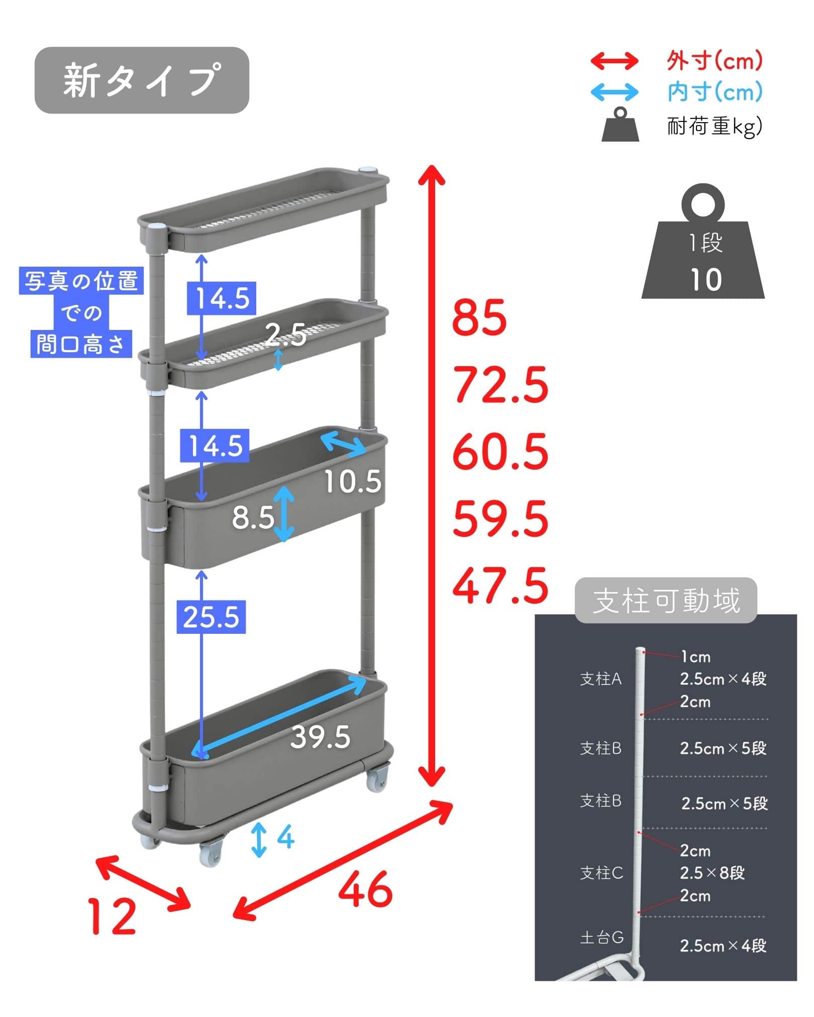 隙間トローリー キッチンワゴン キャスター付き 隙間収納 幅12/16 奥行46/49.5 高さ85/80cm 山善 YAMAZEN