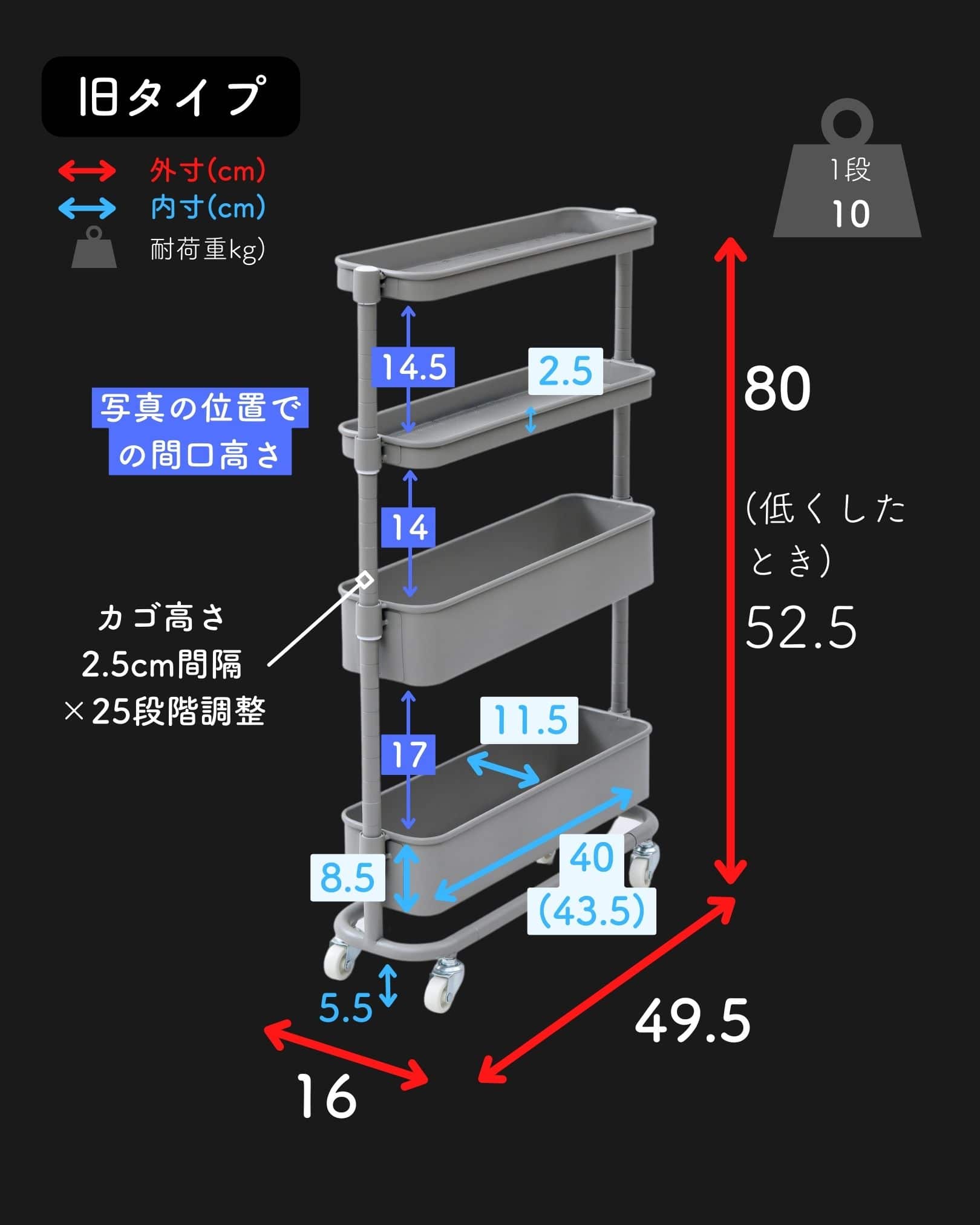 隙間トローリー キッチンワゴン キャスター付き 隙間収納 幅12/16 奥行46/49.5 高さ85/80cm 山善 YAMAZEN