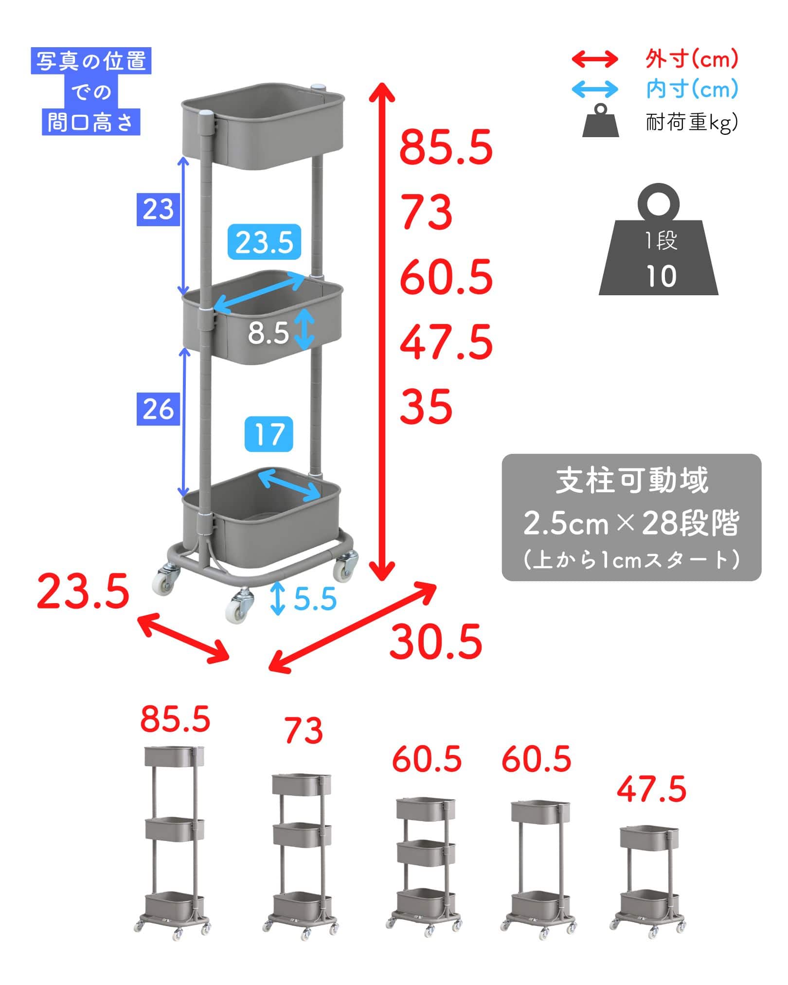 バスケットトローリー キッチンワゴン 高さが変えられる キャスター付き (幅30.5 奥行23.5 高さ85.5cm) 山善 YAMAZEN